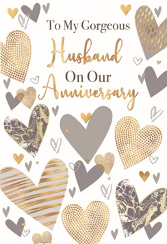 Husband Wedding Anniversary Card - Silver Gold Hearts with Gold Foil 7.75x5.25"