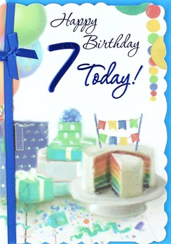 Age 7 Boy Birthday Card - Rainbow Cake, Presents, Balloon & Bunting 7.5" x 5.25"