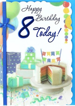 Age 8 Boy Birthday Card - Rainbow Cake, Presents, Balloon & Bunting 7.5" x 5.25"