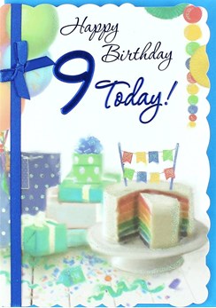 Age 9 Boy Birthday Card - Rainbow Cake, Presents, Balloon & Bunting 7.5" x 5.25"