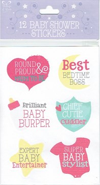 Pack Of 12 Baby Shower Stickers - 2 Sheets - 12 Different Bright & Fun Designs