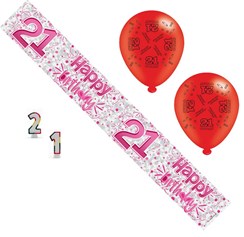 Age 21 Female Birthday Party Pack - 21st Banner, Balloons, Number Candles,