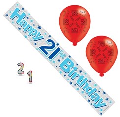 Age 21 Male Birthday Party Pack - Banner, Balloons, Candles
