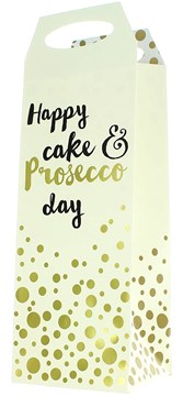Bottle Unisex Gift Bag - Ivory & Gold Happy Cake & Prosecco Day 14.5" x 5"
