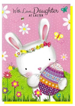 Daughter Easter Card - Bunny with Giant Egg Flowers Butterflies Pink Foil 7x5"