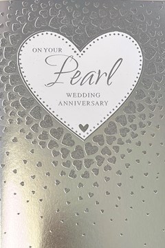 Pearl 30th Wedding Anniversary Card - Silver Foil with Glitter Hearts 7.75x5.25"