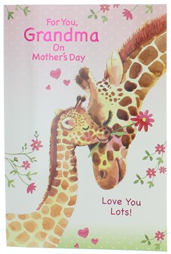 Grandma Mother's Day Card - Giraffes with Pink Flowers Hearts and Foil 7.5x5.25"