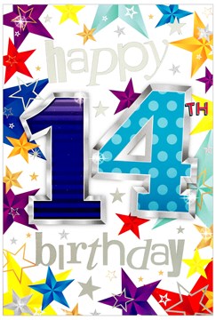 Age 14th Birthday Card - Blue 14 & Stars with Silver Foil Detail 7.75 x 5.25" Age 14th Birthday Card - Blue 14 & Stars with Silver Foil Detail 7.75 x 5.25"