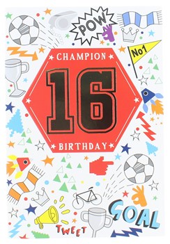 Age 16 Boy Birthday Card - Gold Foil 16 & Boys Sports Icons  7.5" x 5.25"