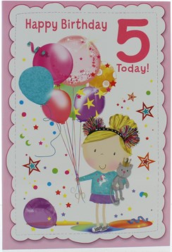 Age 5 Girl Birthday Card - Pink 5, Girl with Balloons & Stars  7.5" x 5.25"