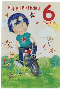 Age 6 Boy Birthday Card - Red 6, Boy on Bike & Stars 7.5" x 5.25"