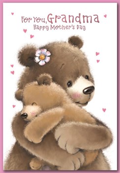 Grandma Mother's Day Card - Bears Hugging Hearts Pink Foil Writing 7.75x5.25"