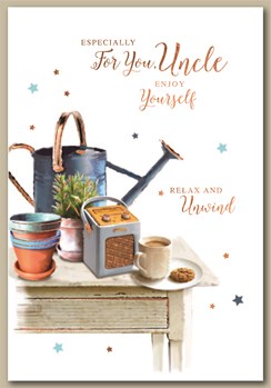 Uncle Birthday Card - Table with Tea a Watering Can & Radio with Foil 7.5x5.25" Uncle Birthday Card - Table with Tea a Watering Can & Radio with Foil 7.5x5.25"