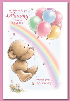 Mummy Birthday Card - Bear with Balloons Rainbow & Glitter  7.5" x 5.25"