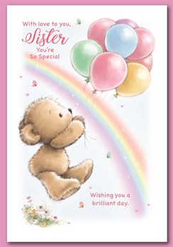 Sister Birthday Card - Bear with Balloons Rainbow & Glitter 7.5" x 5.25"