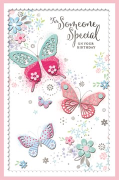 Someone Special Birthday Card - Pink Green Blue Butterflies Silver Foil 10.75x7"