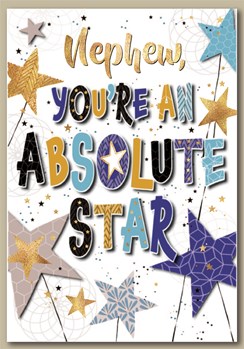 Nephew Birthday Card - Blue & Gold Foil Writing with Stars 7.5" x 5.25"