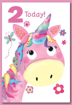 Age 2 Girl Birthday Card - Unicorn Flowers & Butterfly with Glitter 7.5" x 5.25"