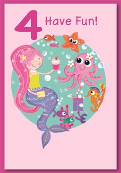 Age 4 Girl Birthday Card - Mermaid & Sea Creatures with Glitter 4 7.5" x 5.25"