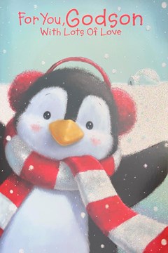 Godson Christmas Card - Penguin with Earmuffs and Scarf Glitter & Foil 7.5x5.25"
