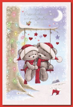 Granddaughter & Boyfriend Christmas Card - Bears in Santa Hats on Swing 9x6"