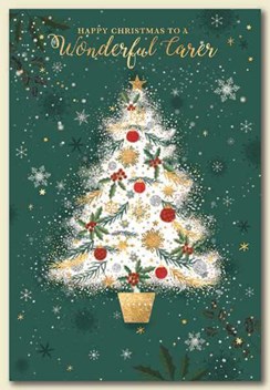Wonderful Carer Christmas Card - Tree with Silver Glitter & Gold Foil 7.5x5.25"