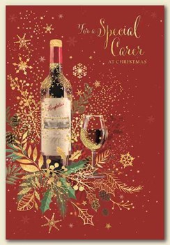 Special Carer Christmas Card - Bottle of Red Wine with Gold Foil 7.5" x 5.25"