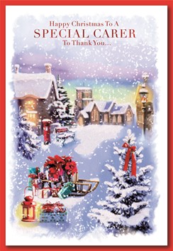 Special Carer Christmas Card - Snowy Village Scene with Tree & Gift 7.5" x 5.25" Special Carer Christmas Card - Snowy Village Scene with Tree & Gift 7.5" x 5.25"