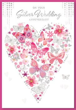 Silver 25th Wedding Anniversary Card -Heart Pink & Silver Butterflies 7.75x5.25" Silver 25th Wedding Anniversary Card -Heart Pink & Silver Butterflies 7.75x5.25"