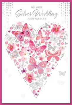 Silver 25th Wedding Anniversary Card -Heart Pink & Silver Butterflies 7.75x5.25"