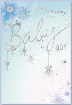 Baby Boy Christening Day Card - Blue with Flowers & Silver Foil Detail 7.5x5.25"