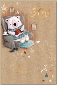 Son Birthday Card - Polar Bear Relaxing on Chair Stars & Gold Foil 9" x 6"