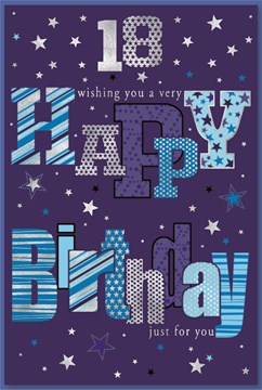 Age 18 Male 18th Birthday Card - Blue with Big Writing Stars & Silver Foil 9x6"