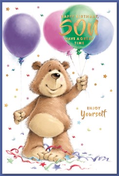 Son Birthday Card - Brown Bear with Balloons Stars & Gold Foil 9" x 6"