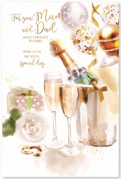 Mum & Dad Wedding Anniversary Card - Champagne Flutes White Rose & Gift  9" x 6"