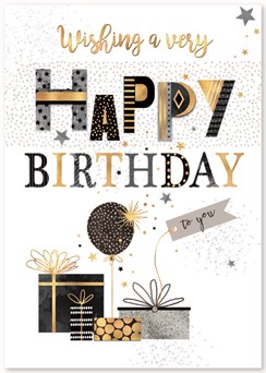 Large Open Birthday Card - Gifts, Balloons, Stars & Gold Foil Detail 10" x 7"