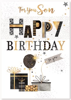 Son Birthday Card - Happy Birthday Black & Gold Foil Balloons & Gifts  10" x 7"