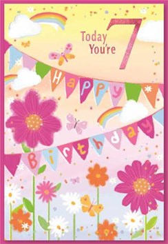 Age 7 Girl Birthday Card -Foil Pink 7 Happy Birthday Bunting & Flowers 7.5x5.25"