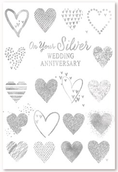 Silver 25th Wedding Anniversary Card - Silver Foiled Hearts 7.75" x 5.25" Silver 25th Wedding Anniversary Card - Silver Foiled Hearts 7.75" x 5.25"