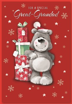 Great Grandad Christmas Card - Santa Bear with Stacked Gifts & Foil 7.5x5.25"