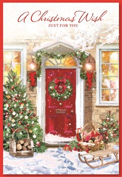Open Christmas Card - Red Door, Xmas Tree Wreath & Glitter  7.5" x 5.25"