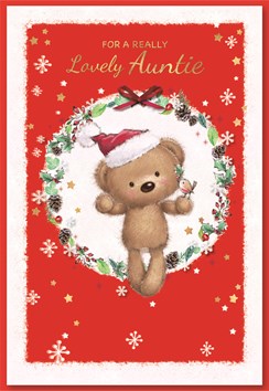 Auntie Christmas Card - Santa Bear and Robin Holly Circle Glitter Foil 7.5x5.25"