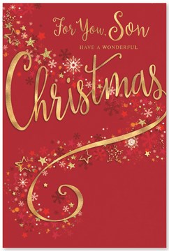 Son Christmas Card - Wonderful Christmas Red and Gold Stars and Snowflakes 9x6"