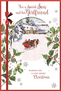 Son & Girlfriend Christmas Card - Couple in Sleigh Snowy House Red Foil 9x6"