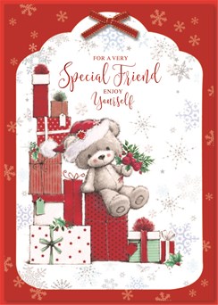 Special Friend Christmas Card - Bear with Roses Gifts Glitter & Foil  10 x 7"