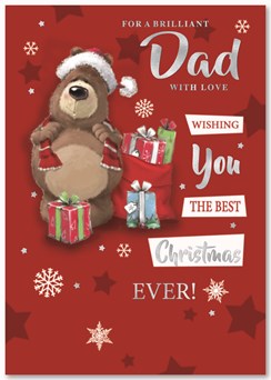 Dad Christmas Card - Brown Bear in Santa Hat with Gifts & Foil  10" x7"