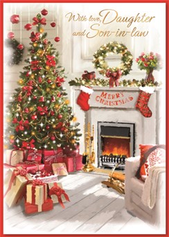 Daughter & Son-in-Law Christmas Card - Fire Place Xmas Tree with Foil 9.75x6.75"