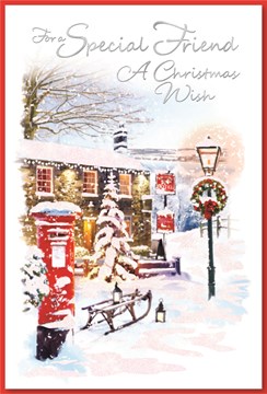 Special Friend Christmas Card - Outside Pub in Snow Post Box Foil & Glitter 9x6"