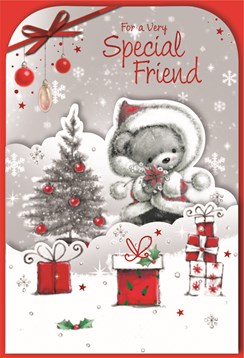 Special Friend 3 Fold Christmas Card - Bear In Santa Hat Xmas Tree Red Foil 9x6"