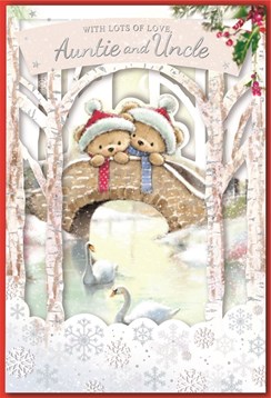 Auntie & Uncle Christmas Card 3 Fold Design - Santa Bears on Bridge 9x6"